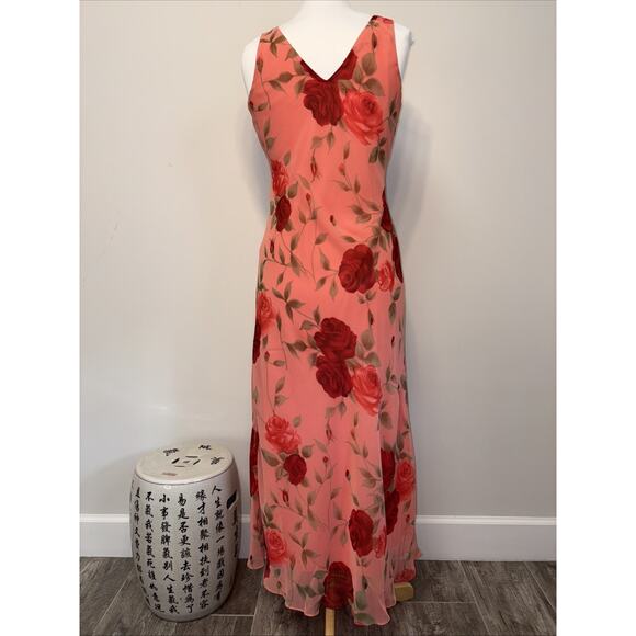 Vintage Y2K Coral Red Rose Holiday Party Dress Chiffon Maxi Slip Dress 90s - Picture 2 of 14